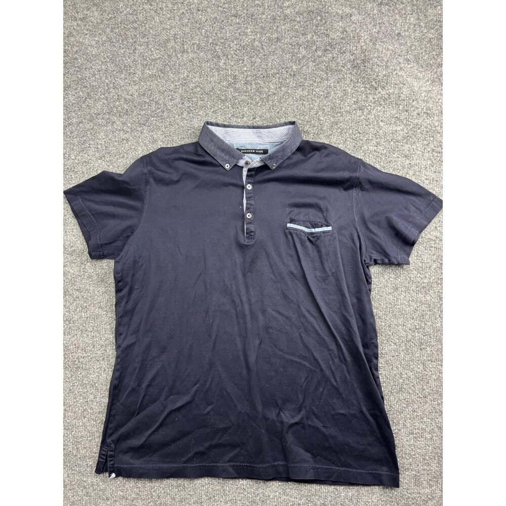 Hammer Made Polo Shirt Mens Large Navy Chambray Collar Pocket Short‎ Sleeve